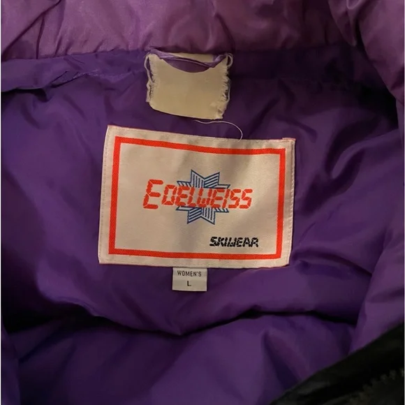 VINTAGE 80s 90s Edelweiss Skiwear Puffer Ski Jacket Snow Parka Black Pink Purple